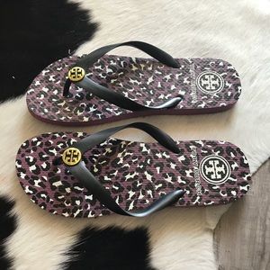 Tory Burch flip flops with leopard print